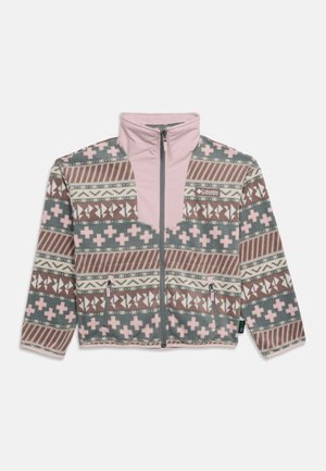 Veste en polaire avec motifs géométriques et croix roses, gris et marron, fermeture éclair avant, poches zippées et col montant par Columbia.