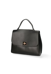 Borsa a tracolla in pelle nera con forma strutturata, chiusura in oro e manico superiore. Superficie texturizzata con finitura liscia sui bordi.