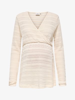 Krēmkrāsas garroku grūtnieču tops ar V-veida apkakli un pārklājošu dizainu, ar smalkām horizontālām svītrām.