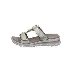 Dames sandaler med metalskinnende rem, polstret fodseng, to justerbare stropper og tekstureret hvid sål for komfort og afslappet brug.