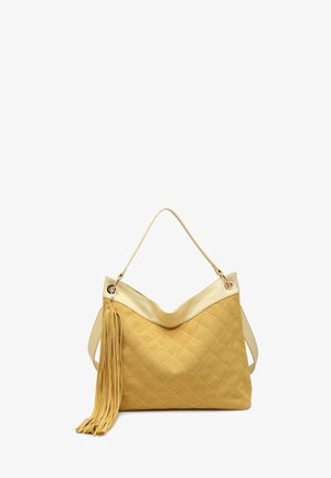 Gelbe gesteppte Handtasche mit einem Leder-Oberrand, einem einzelnen Henkel und einem langen Troddel-Detail auf einer Seite.