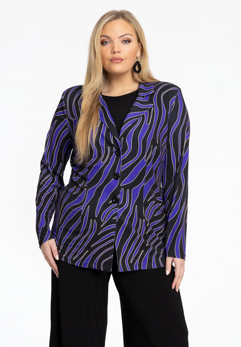 Blazer noir avec motif ondulé violet et crème, design à un seul bouton, deux boutons, manches longues et en tissu lisse et léger.