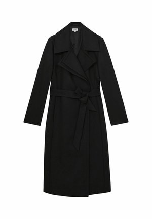 Cabriolet negru cu rever larg, talie accentuată cu curea, mâneci lungi și o siluetă dreaptă. Fabricat dintr-un material texturat și moale.