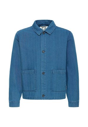 Niebieska kurtka dżinsowa z długimi rękawami, zapięciem na guziki, dwoma przednimi naszywanymi kieszeniami i kołnierzem rozłożystym.