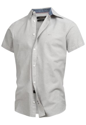 Short-sleeve light gray button-up shirt with a smooth texture, contrasting denim collar, and subtle embroidered logo on the chest.