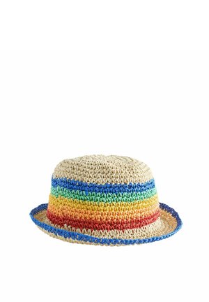 Pălărie de paie croșetată cu dungi orizontale multicolore în albastru, verde, galben, portocaliu și roșu, cu bor albastru cu margine.
