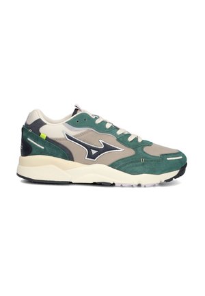 Sneakers featuring green, gray, and beige suede and textile upper, round toe, white midsole, and black outsole with a logo accent.
