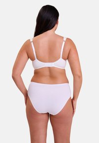 White cotton bra and high-waisted panties, smooth texture, adjustable straps, and a hook-and-eye closure on the back.