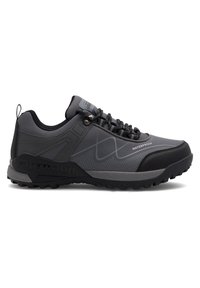 Dark gray waterproof outdoor hiking shoe with black sole, loop tab at heel, and lace-up closure with metal eyelets.