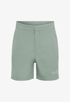 Enfant portant un short vert sauge Jack Wolfskin, des chaussettes blanches et des chaussures de randonnée bleues avec des lacets jaune-vert, debout sur un fond blanc.