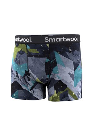 Heren boxershorts met abstract geometrisch patroon in blauw, groen, grijs en zwart, en een zwarte tailleband met het label "Smartwool".