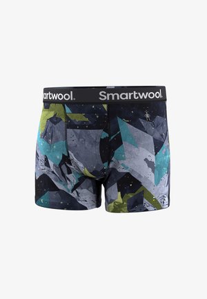 Heren boxershorts met abstract geometrisch patroon in blauw, groen, grijs en zwart, en een zwarte tailleband met het label "Smartwool".
