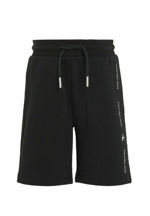 Shorts de algodón negros con cinturilla elástica, cierre de cordón y marca impresa a lo largo de los lados. Textura suave y longitud hasta la rodilla.