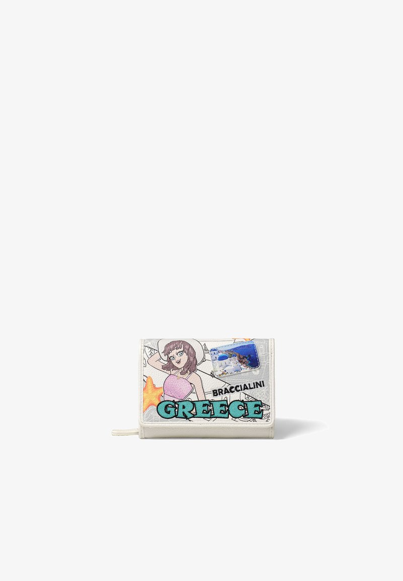 Portefeuille blanc avec une fille dessinée en style cartoon portant un haut rose, une étoile de mer, une photo d'architecture grecque, et le texte "GREECE" en lettres turquoise.