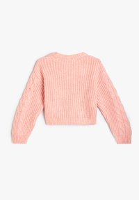 Roze gebreide trui met een gestructureerd lijf en kabelgebreide mouwen. Heeft een ronde hals en een cropped lengte. Gemaakt van zacht, dik garen.