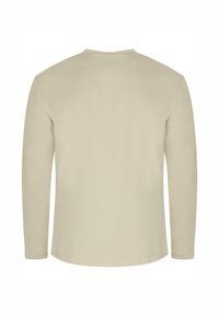 Beige Langarmhemd aus Baumwolle mit einem runden Ausschnitt und einem lässigen Schnitt, mit genähten Säumen und einer glatten Textur.