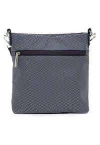 Borsa navy con un motivo tessuto testurizzato, dotata di chiusura zip superiore e tasca con zip frontale. Include finiture in metallo argentato e tracolla regolabile.