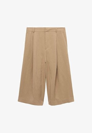 Beige culotter lavet af letvægtsstof, med en bred benåbning, flad front, to sidelommer og en glat overflade.