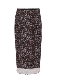 Leopardenprint kokerrok met een aansluitend ontwerp, gemaakt van lichte stof. Bevat een zwarte tailleband en een licht doorschijnende zoom.