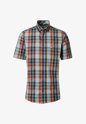 Kurzärmeliges Hemd mit Knopfleiste, kariert in Orange, Grün, Blau und Weiß, mit kleiner Brusttasche.