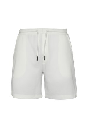 Hvide teksturerede shorts med elastisk linning og hvide snore med sorte spidser, vist på en ensfarvet baggrund.