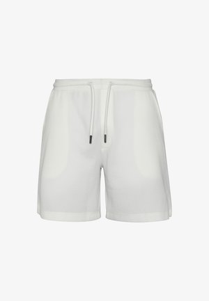 Weiße Shorts aus strukturiertem Stoff mit elastischem Bund und weißen Kordeln mit schwarzen Enden, auf einem schlichten Hintergrund dargestellt.