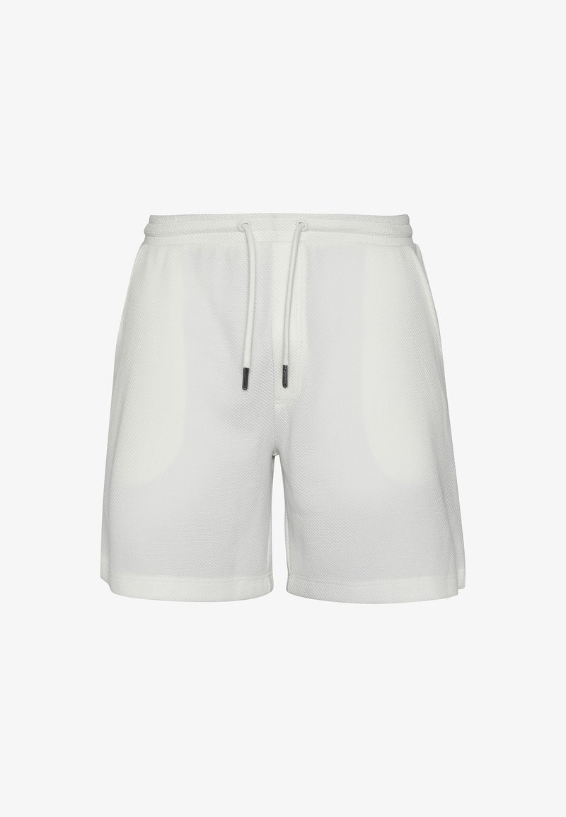 Shorts en tissu blanc texturé avec une taille élastique et des cordons blancs avec embouts noirs, présentés sur un fond uni.