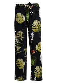 Svarta vida byxor med ett tropiskt löv- och blommönster i grönt och vitt, med ett knytbart midjeband för justerbar passform.