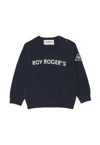 Maglione blu navy a maglia con collo rotondo, polsini e orlo a coste. Presenta il testo bianco "ROY ROGER'S" e una toppa con logo sulla manica sinistra. Due bottoni sulle spalle.