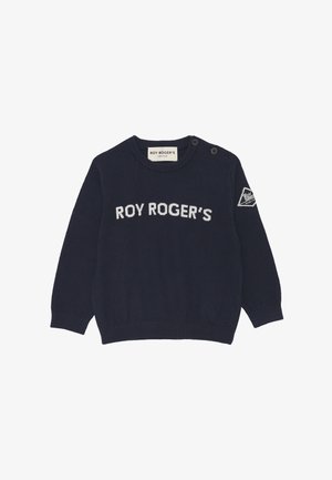 Maglione blu navy a maglia con collo rotondo, polsini e orlo a coste. Presenta il testo bianco "ROY ROGER'S" e una toppa con logo sulla manica sinistra. Due bottoni sulle spalle.