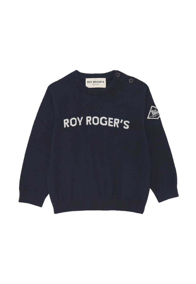 Maglione blu navy a maglia con collo rotondo, polsini e orlo a coste. Presenta il testo bianco "ROY ROGER'S" e una toppa con logo sulla manica sinistra. Due bottoni sulle spalle.