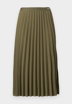 Olíva zöld színű, redőzött midi szoknya sima derékrésszel, függőleges késtartó redőkkel és enyhe fényességgel az anyagon.
