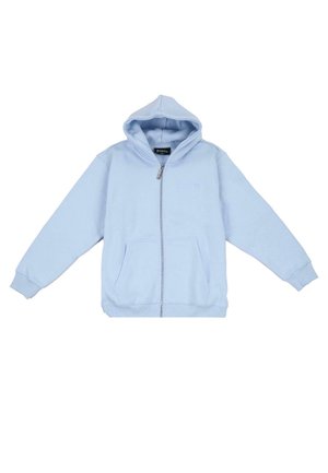 Light blue zip-up hoodie made of soft fabric, featuring a hood, two front pockets, and ribbed cuffs and hem. Embroidered logo on chest.