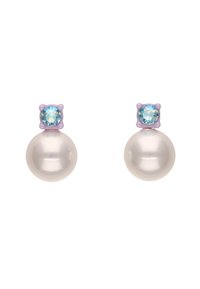 Cercei cu perlă în cui, prezentând o perlă albă lucioasă cu un accent de piatră prețioasă mov deschis în partea de sus, creând un design rotunjit, cu dublu nivel.