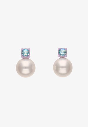 Helmikorvakorut, joissa on kiiltävä valkoinen helmi ja päällä vaaleanvioletti jalokivi, muodostaen pyöreän, kaksikerroksisen muotoilun.