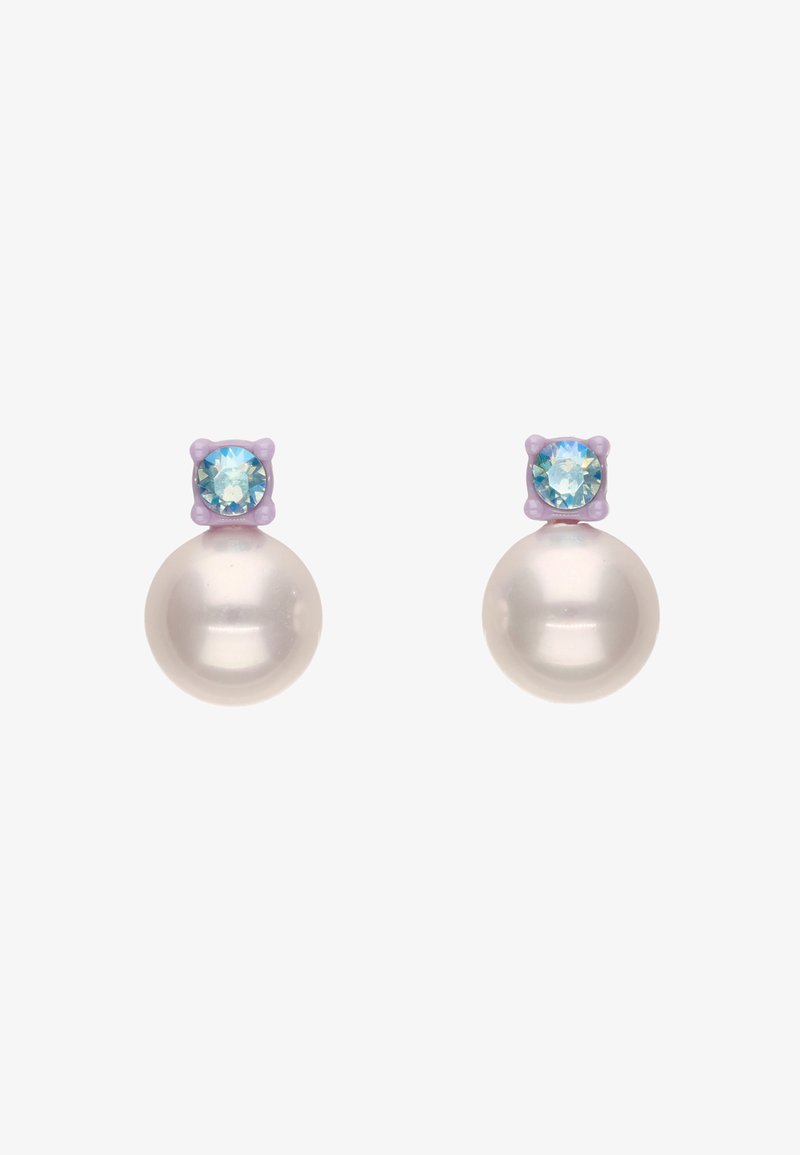 Cercei cu perlă în cui, prezentând o perlă albă lucioasă cu un accent de piatră prețioasă mov deschis în partea de sus, creând un design rotunjit, cu dublu nivel.