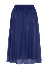 Gonna maxi blu navy in tessuto morbido e trasparente. Presenta una cintura elastica ampia e un silhouette fluida. Texture liscia con un design a strati.