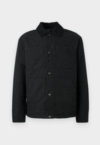 Black button-up jacket with corduroy collar and four front pockets, displayed against a plain light background.