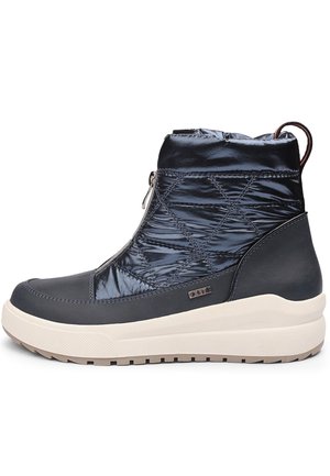 Bottines bleu marine avec une tige glossy et matelassée, fermeture éclair sur le côté, et une semelle plateforme blanche avec des détails texturés.