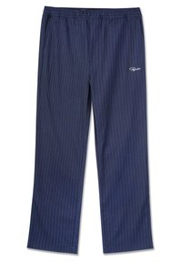 Marineblauwe broek met witte streepjes, elastische tailleband, rechte pasvorm en zijzakken. Voorzien van geborduurd logo op de voorkant.