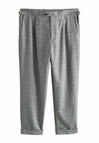 Graue Heringbone-Hosen mit gefaltetem Vorderteil, zwei vorderen Taschen und umgeschlagenen Säumen. Aus strukturiertem Wollstoff gefertigt. Knopfverschluss am Bund.
