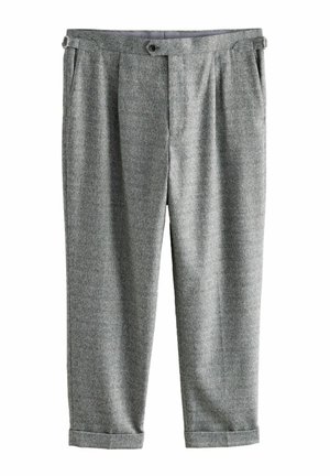 Graue Heringbone-Hosen mit gefaltetem Vorderteil, zwei vorderen Taschen und umgeschlagenen Säumen. Aus strukturiertem Wollstoff gefertigt. Knopfverschluss am Bund.