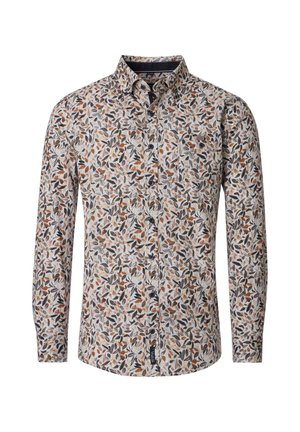 Langsleeve shirt met een beige achtergrond, met een ingewikkeld bladerenpatroon in bruin, marineblauw en zwart. Met knoopsluiting.