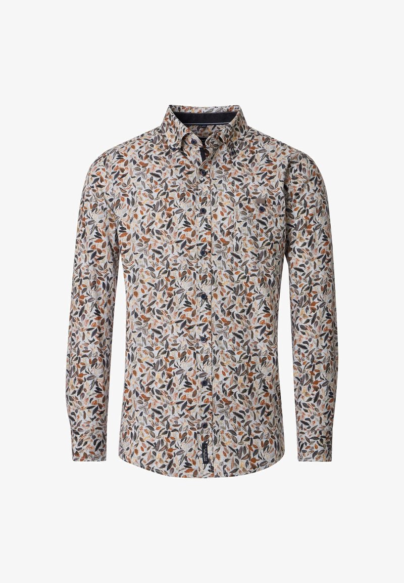 Long-sleeve shirt with a beige background, featuring an intricate leaf pattern in shades of brown, navy, and black. Button-up design.