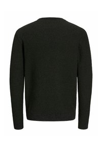 Dunkelgrüner, gestrickter Pullover mit strukturiertem Muster, runder Halslinie und langen Ärmeln mit Rippenbündchen und Saum. Rückansicht dargestellt.