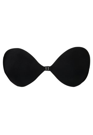 Zwarte strapless beha van gladde stof, met een naadloos ontwerp. Onder het cupgebied sluit het met een klein sluitingsdetail.