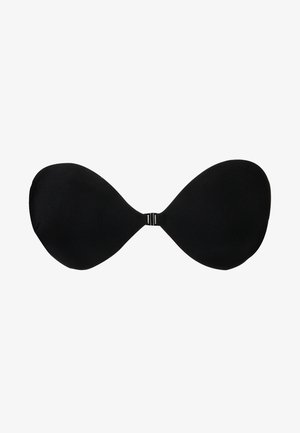 Zwarte strapless beha van gladde stof, met een naadloos ontwerp. Onder het cupgebied sluit het met een klein sluitingsdetail.