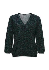 Blusa nera a maniche lunghe con scollatura a V, caratterizzata da una stampa astratta verde, tessuto testurizzato e dettaglio in vita arricciato.