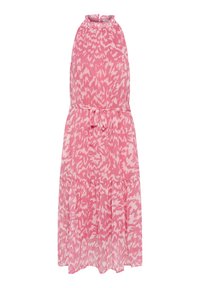 Rosa klänning med abstrakt ljusrosa mönster, halterneck-design, åtsittande midja med en knytning, samt en flerlagrad, svävande kjol. Lättviktsmaterial.