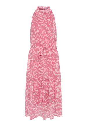 Vestido rosa con patrón abstracto en rosa claro, diseño de cuello halter, cintura ajustada con un lazo y falda asimétrica y fluida. Tejido ligero.